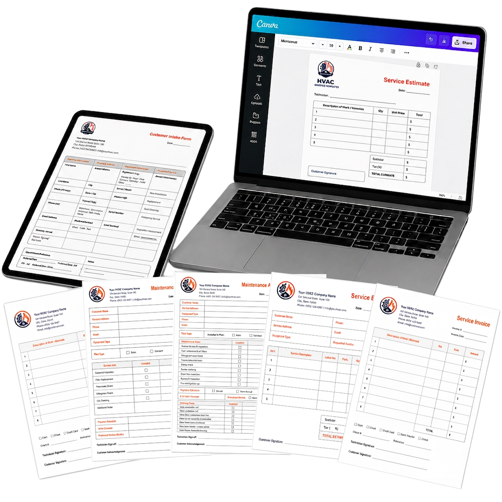 HVAC Business Forms Bundle: six real printable templates and tablet preview