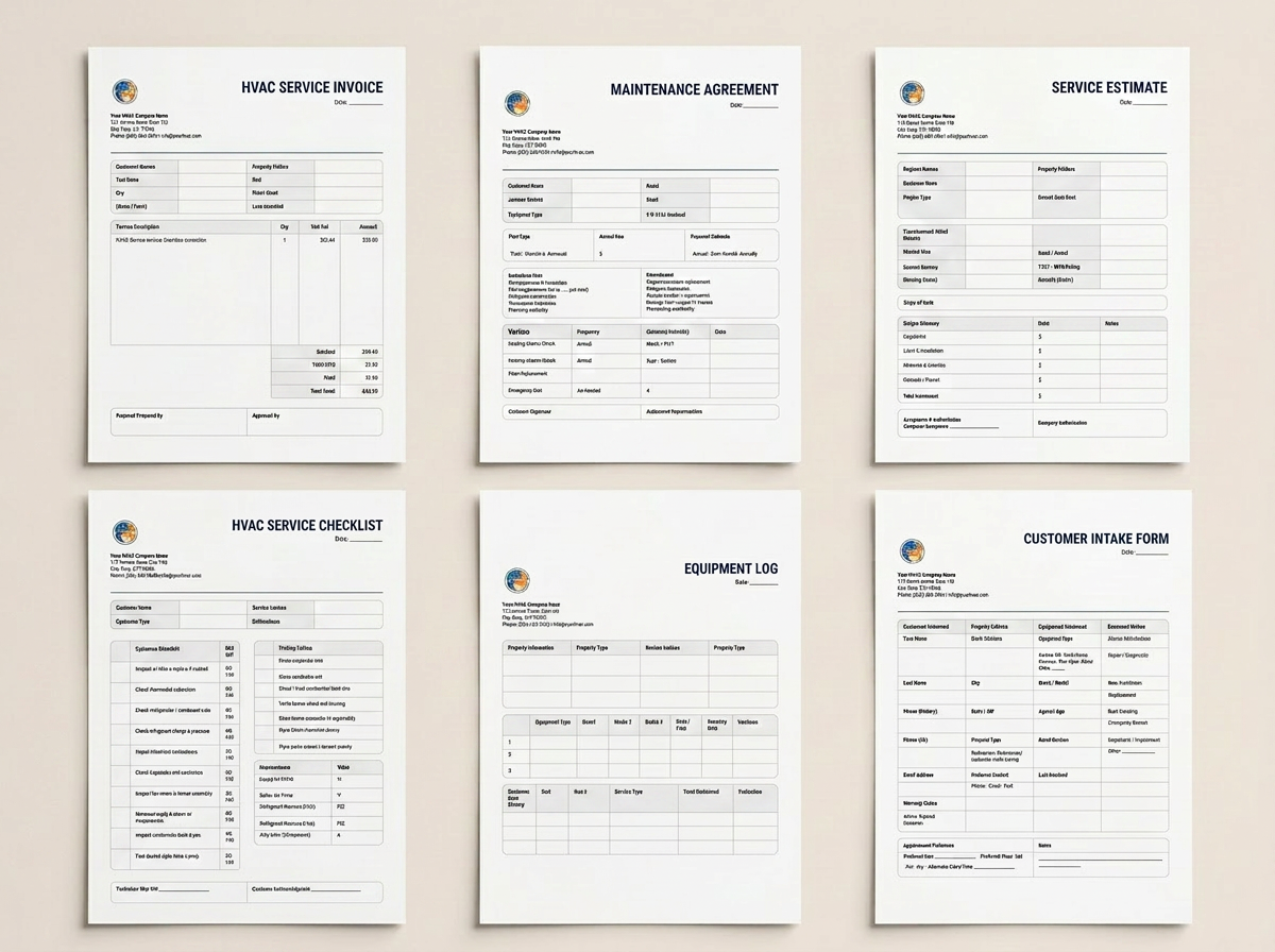 HVAC Business Forms Bundle: printed forms, tablet, and phone mockup