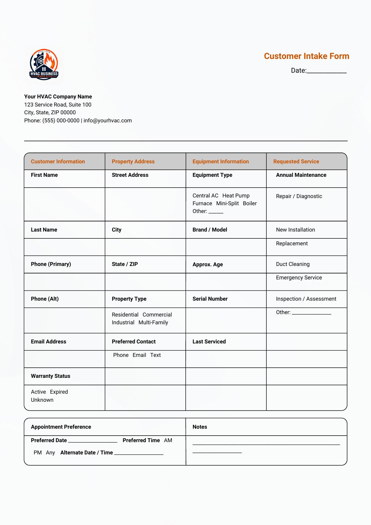 Customer Intake Form template preview